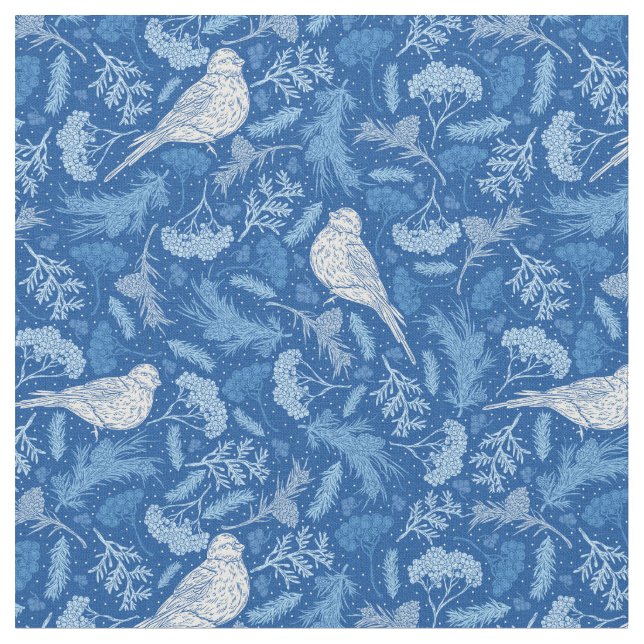 Bright Blue and Winter White Birds Floral Pattern Fabric (Close Up)
