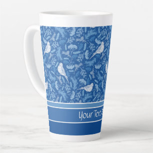 Bright Blue and Winter White Birds Floral Pattern Latte Mug
