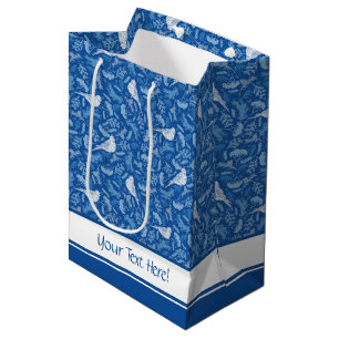 Bright Blue and Winter White Birds Floral Pattern Medium Gift Bag