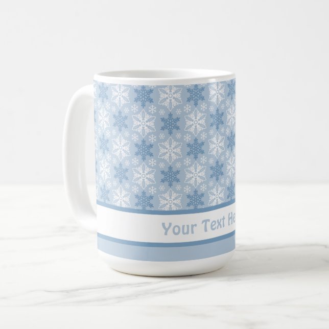 Bright Blue and Winter White Snowflake Pattern Coffee Mug (Front Left)