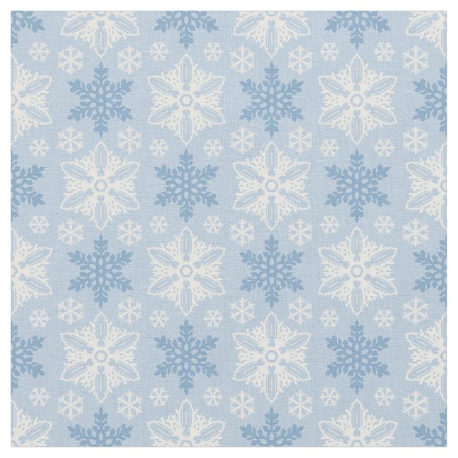 Bright Blue and Winter White Snowflake Pattern Fabric (Close Up)
