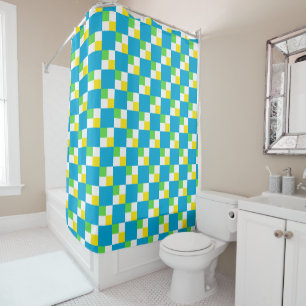 Bright Blue and Yellow Chequerboard Pattern Shower Curtain