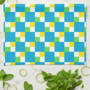 Bright Blue and Yellow Chequerboard Pattern Tea Towel