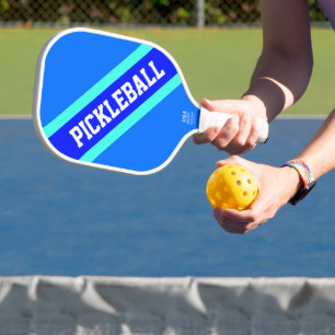 Bright Blue Aqua Diagonal Racing Stripes Bold Text Pickleball Paddle