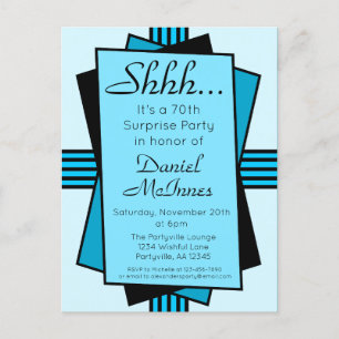 Bright Blue Art Deco 70th Surprise Party Birthday Invitation Postcard