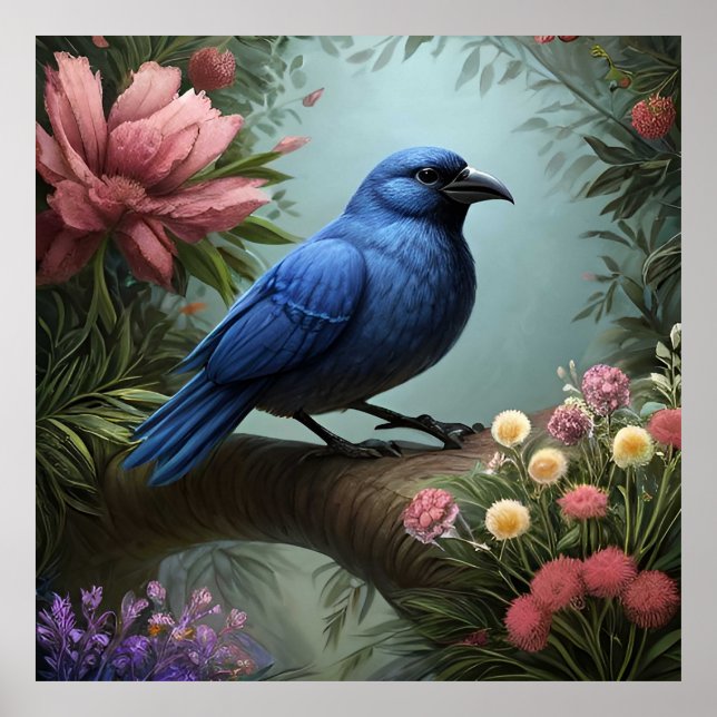 Bright Blue Bird Perched on a Branch Poster (Front)