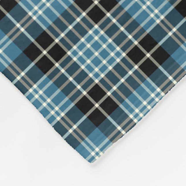 Bright Blue, Black and White Clan Clark Tartan Fleece Blanket (Corner)
