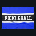 Bright Blue Black Racing Stripes PICKLEBALL Text  Tea Towel<br><div class="desc">This fun design features big sports letters inside a black stripe highlighted with white stripes against a bright blue background.  The colours and PICKLEBALL text in this template design can be personalised.</div>
