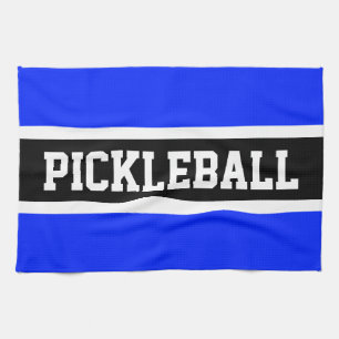 Bright Blue Black Racing Stripes PICKLEBALL Text  Tea Towel