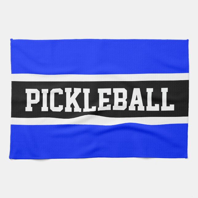 Bright Blue Black Racing Stripes PICKLEBALL Text  Tea Towel (Horizontal)