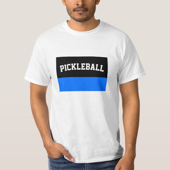 Bright Blue Black Stripes Sporty Pickleball Text T-Shirt (Front)