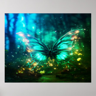 Bright Blue Butterfly in the Forest Colourful Wall Poster