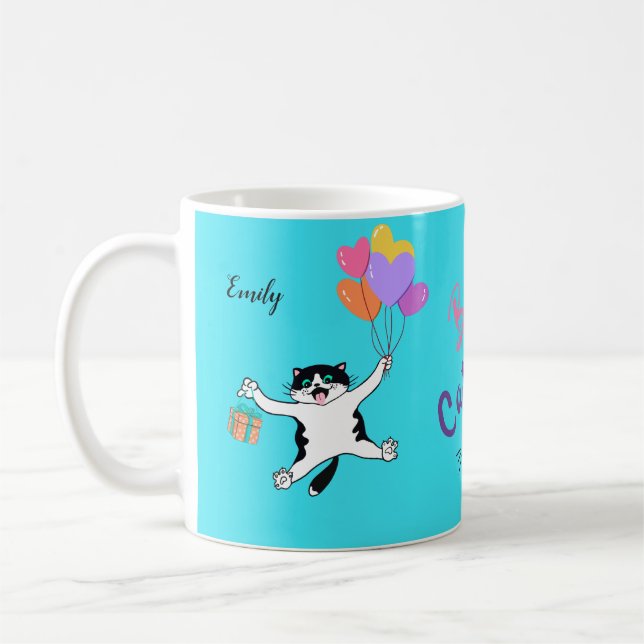 Bright Blue Cat Lover Gift Personalised Coffee Mug (Left)