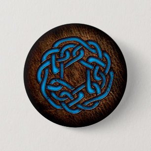 Bright blue celtic ornament on leather 6 cm round badge