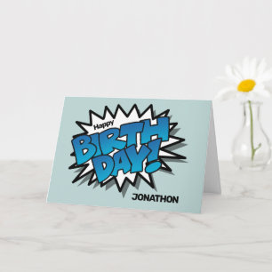 Bright Blue Comic Text - Happy Birthday Card