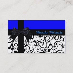 Bright blue damask ribbon custom business cards