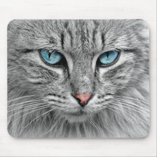 Bright Blue Eyes Monochrome Cat Portrait Mouse Pad