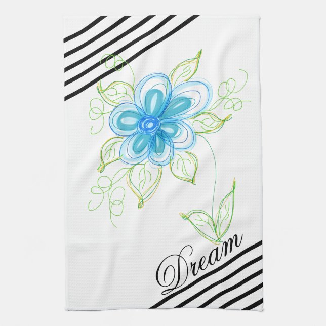 Bright Blue Floral Design Tea Towel (Vertical)
