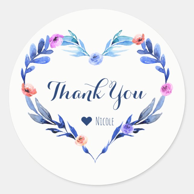 Bright Blue Floral Heart Botanical Elegant Favour Classic Round Sticker (Front)