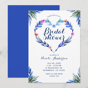 Bright Blue Floral Heart Botanical Watercolor Invitation