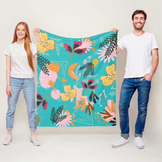 Bright blue floral pattern for her abstract pink f fleece blanket (In Situ)