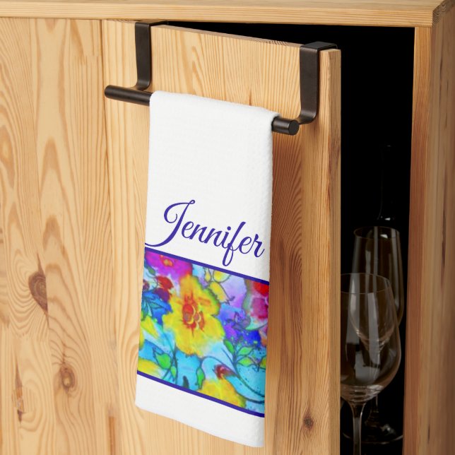 Bright blue floral personalised kitchen towel (Thirds Fold)