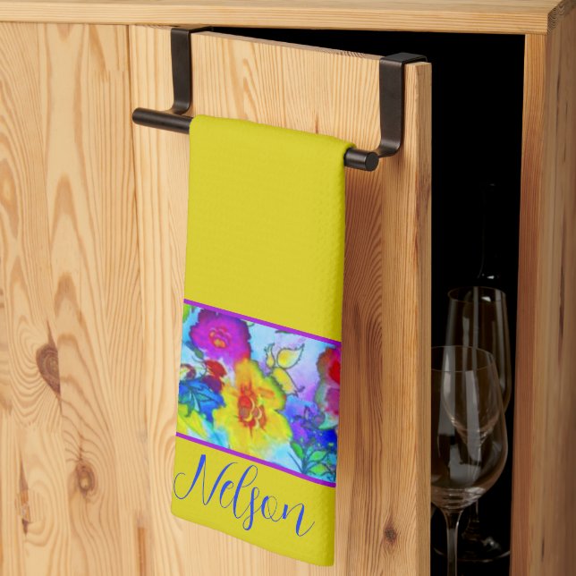 Bright blue floral personalised kitchen towel (Thirds Fold)