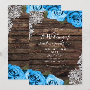 Bright Blue Floral Roses Rustic Wood Lace Wedding Invitation
