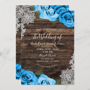 Bright Blue Floral Roses Rustic Wood Lace Wedding Invitation