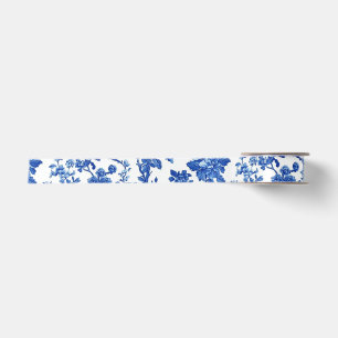 Bright Blue Floral Toile Garden Party Satin Ribbon