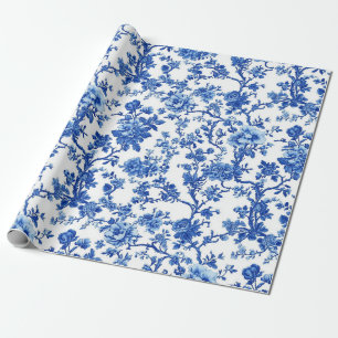 Bright Blue Floral Toile Garden Party Wrapping Pap Paper