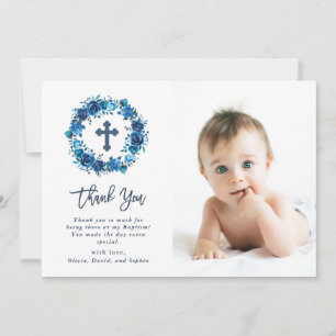 Bright Blue Floral with Cross   Baptism Photo Thank You Card
