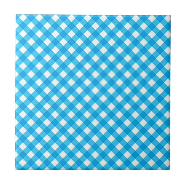 Bright Blue Gingham Pattern Ceramic Tile (Front)