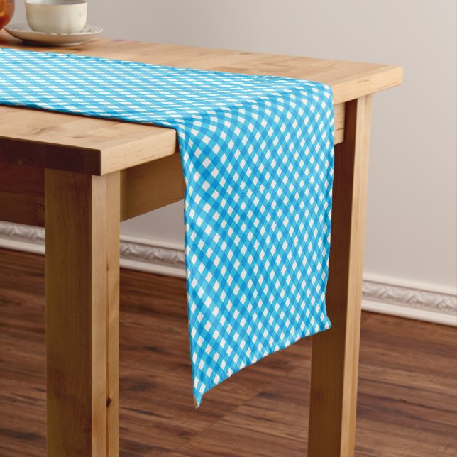 Bright Blue Gingham Pattern Short Table Runner (In Situ)