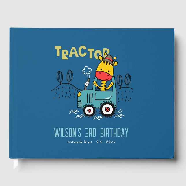 Bright Blue Giraffe In Farm Tractor Boys Birthday Guest Book (Front)