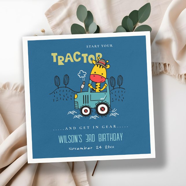 Bright Blue Giraffe In Farm Tractor Boys Birthday Napkin (Creator Uploaded)