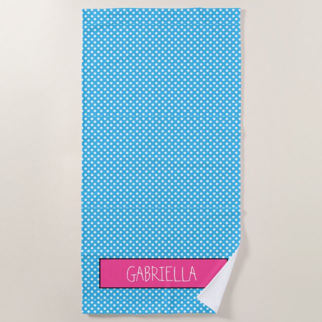 Bright Blue Girly Tiny Polka Dot personalised Beach Towel (Front)