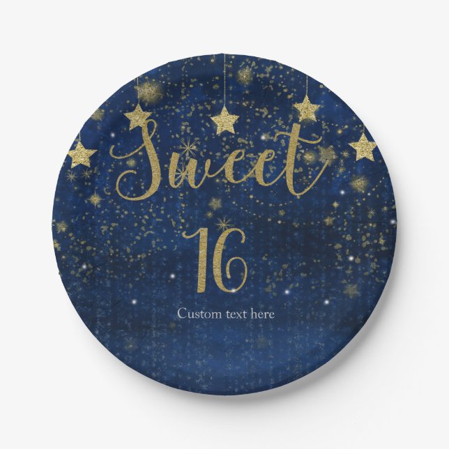 Bright Blue & Gold Starry Sweet 16 Party Paper Plate (Front)