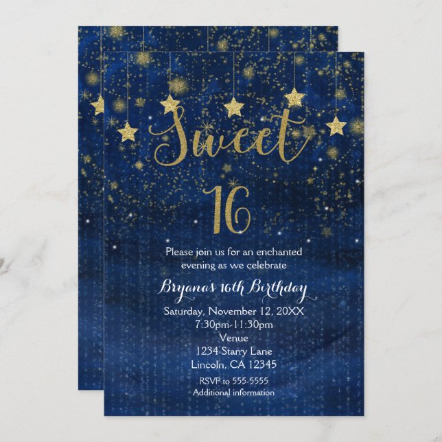 Bright Blue & Gold Stars Sweet 16 Party Invitation (Front/Back)