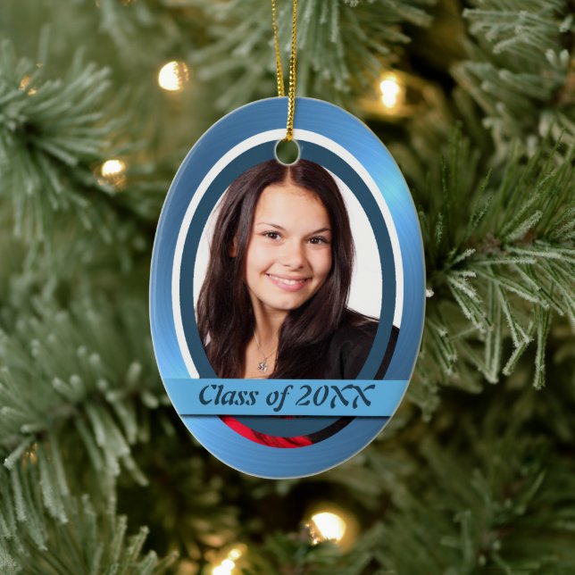 Bright Blue Graduate Photo Template Ceramic Tree Decoration (Tree)