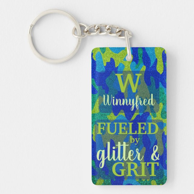 Bright Blue & Green Camouflage Glitter Camo Name Key Ring (Front)