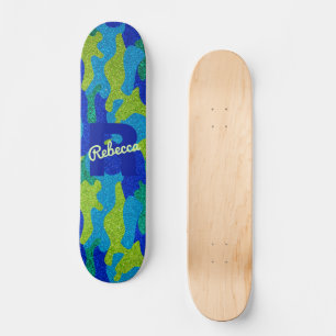 Bright Blue & Green Camouflage Glitter Camo Name Skateboard