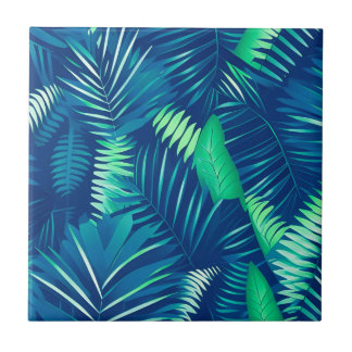 Bright Blue Green Tropical Leaves Pattern Ceramic Tile