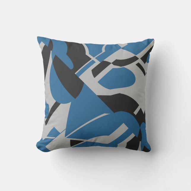 Bright Blue Grey Black Bold Diagonal Art Abstract Cushion (Front)