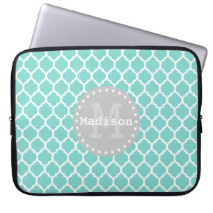 Bright Blue Grey Moroccan Lattice Monogram Laptop Sleeve