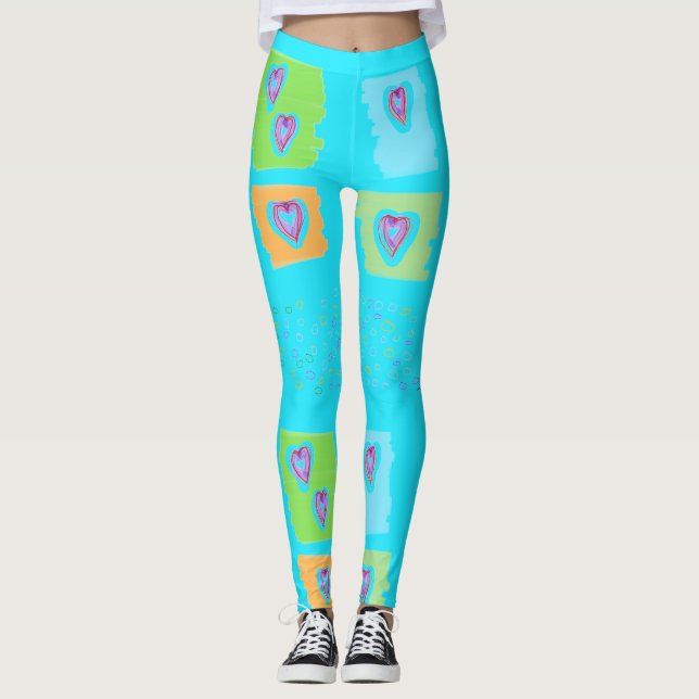 Bright Blue Leggings With Hearts (Front)