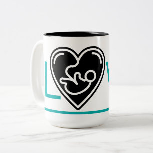 Bright blue love, black heart with baby, Two-Tone coffee mug