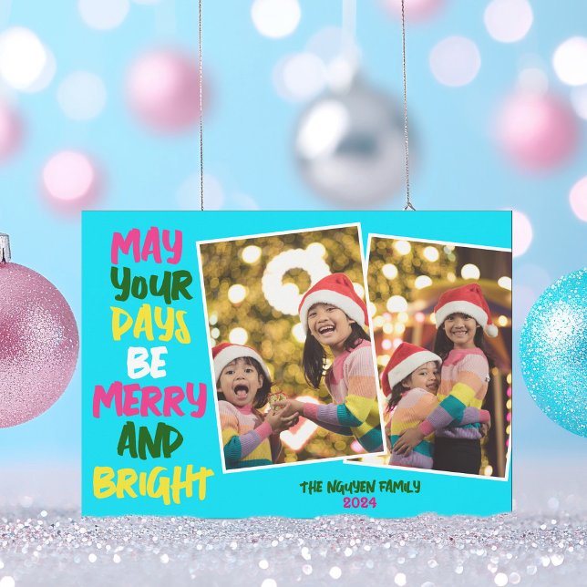 Bright Blue Merry Christmas Two Photo Collage Holiday Card (Creator Uploaded)