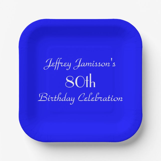 Bright Blue Minimalist 80th Birthday Party Square Paper Plate (Front)