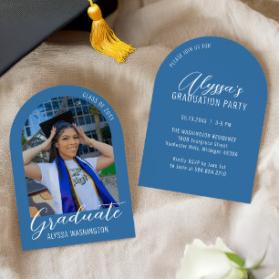 Bright Blue Modern Arch Photo Graduation Party Invitation